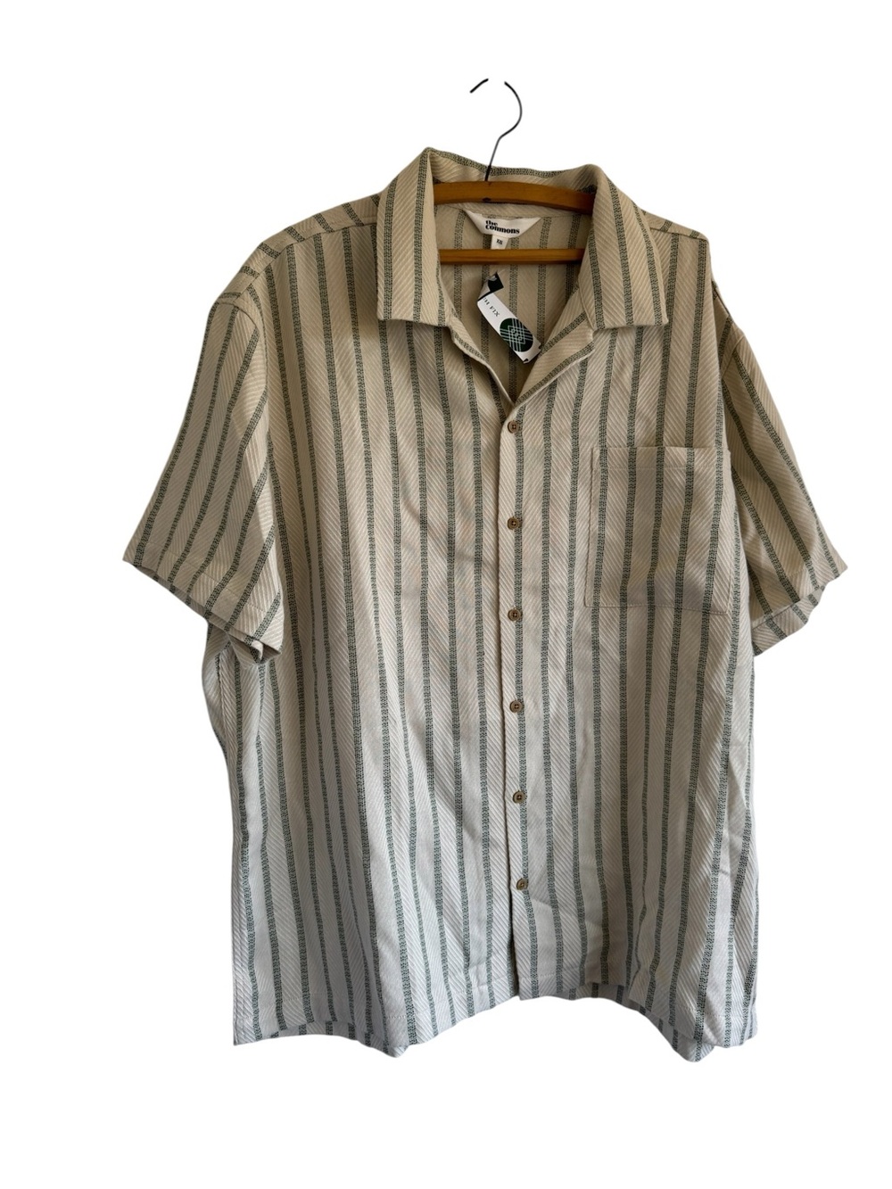 The Commons Men's Short Sleeve Button-Up Shirt - Beige with Green Stripes XXL